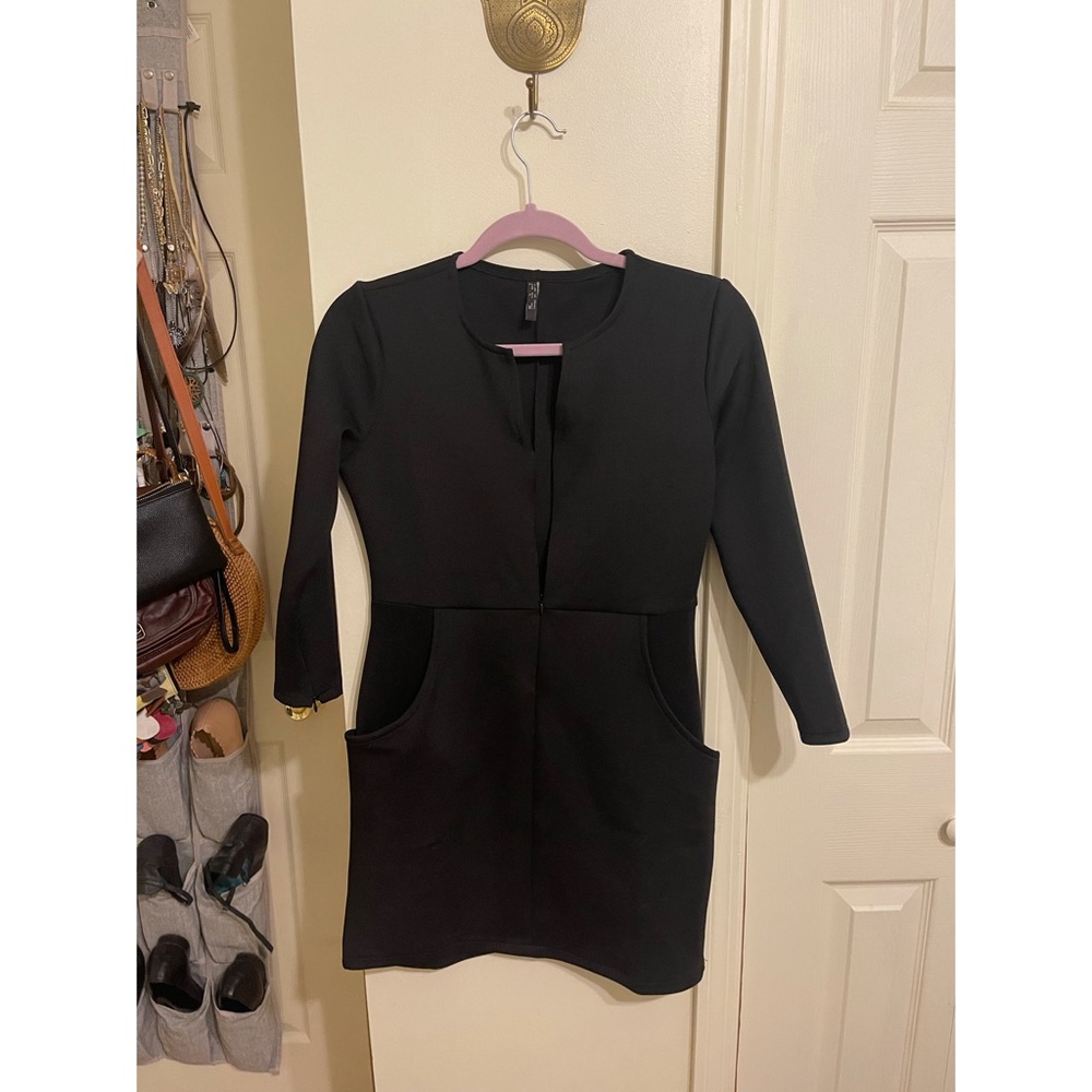 3/4 Sleeve Black Mini Dress with Deep V